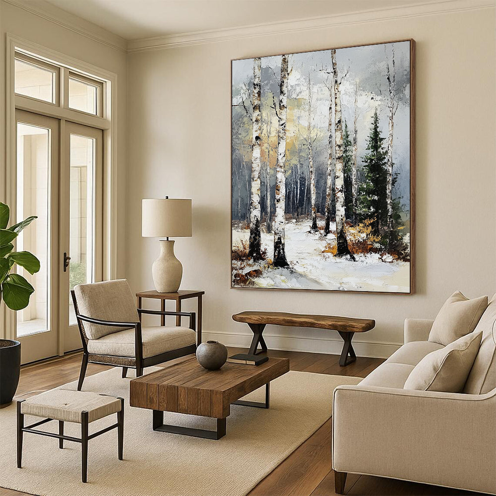 Contemporary abstract artwork featuring a birch forest in winter with textured brush strokes and a muted color palette of gray, white, and yellow. DLZ1673