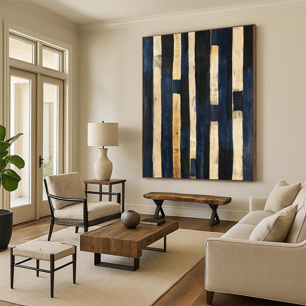 Navy Blue, Beige, Gold, Vertical Stripes "Coastal Rhythm" Abstract Nautical - Inspired Painting On Canvas HB043