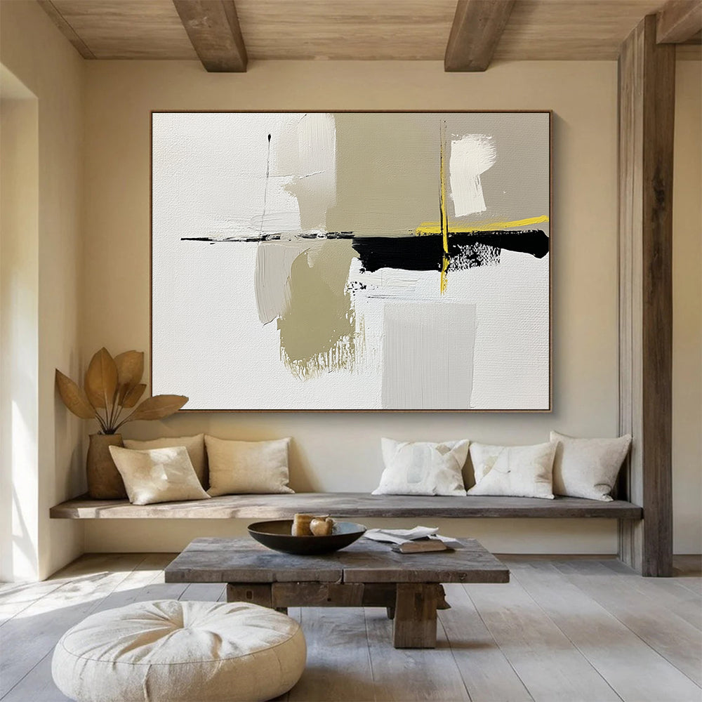 “Abstract Minimalist Shapes” - White, Beige, Black, Yellow, Geometric Abstract Painting On Canvas HB0958