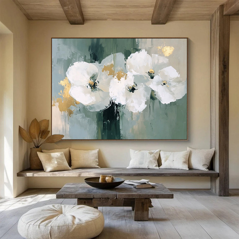 “White Flowers with Gold Accents” - Green, White, Gold with Floral Forms - Painting On Canvas HB1405