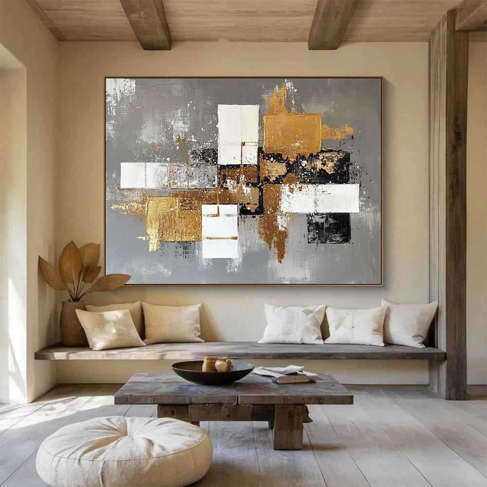 “Gilded Geometric Abstract” - Gray, White, Black, Gold - Textured Geometric Abstract with Gold - Acrylic Painting HB1323