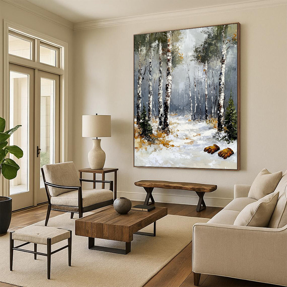 Contemporary abstract art featuring a winter birch forest with a grey sky textured brush strokes and fuzzy gloves in the foreground. DLZ1678