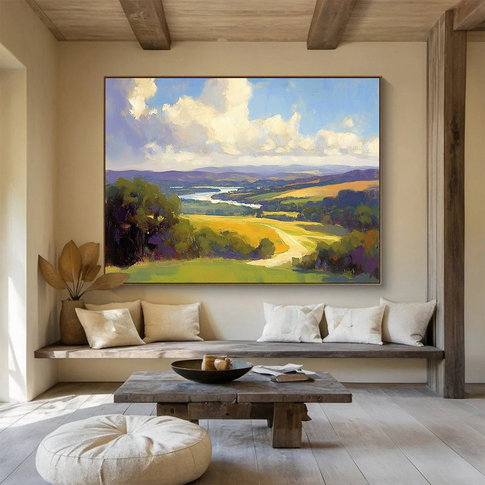 “Vibrant Panoramic Landscape” - Blue, Green, Yellow, Purple, Detailed Scenic View - Oil Painting HB1657