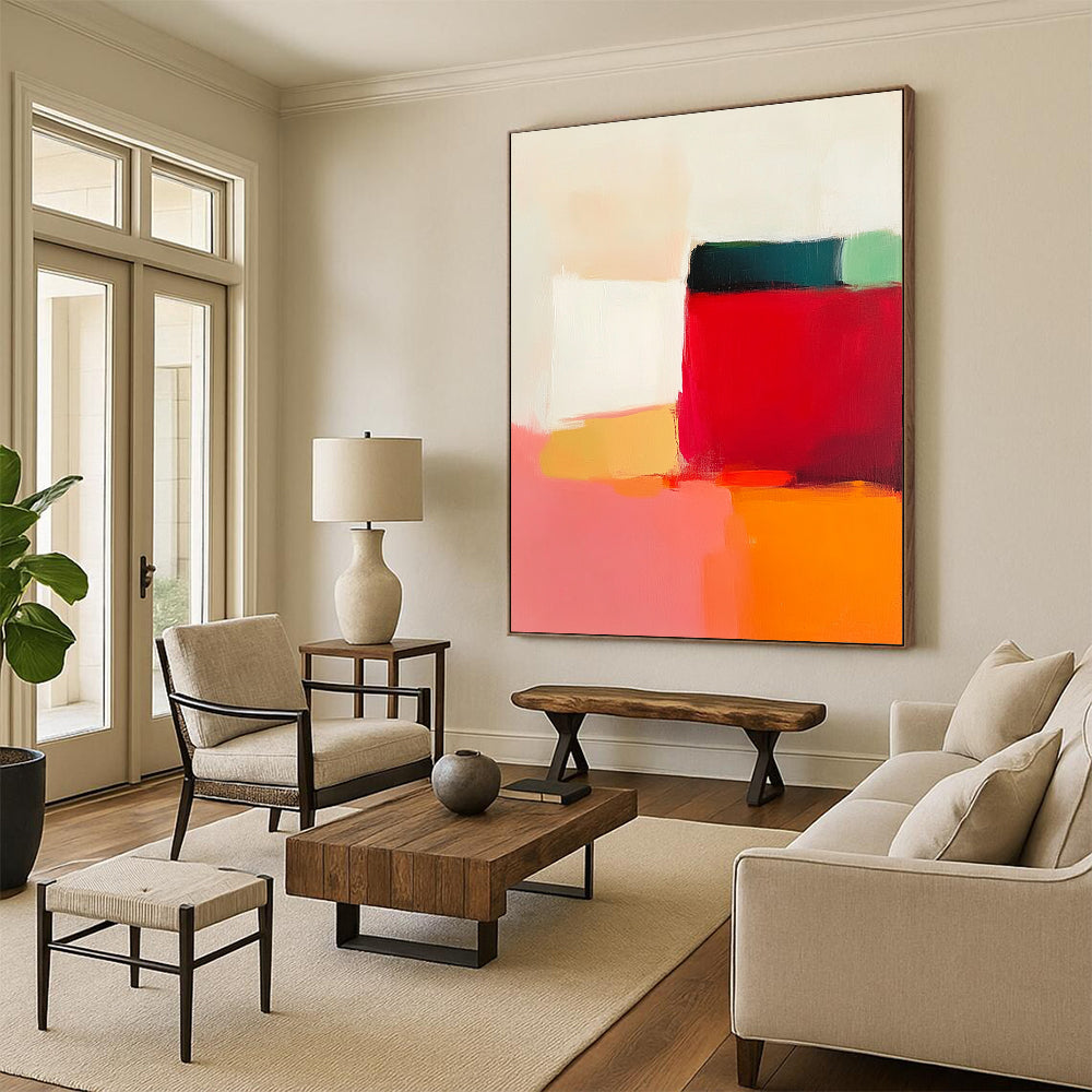 Contemporary hand-painted abstract artwork featuring vibrant reds pinks oranges yellows and whites creating a serene minimalist landscape with soft edges and subtle gradients. DLZ1361