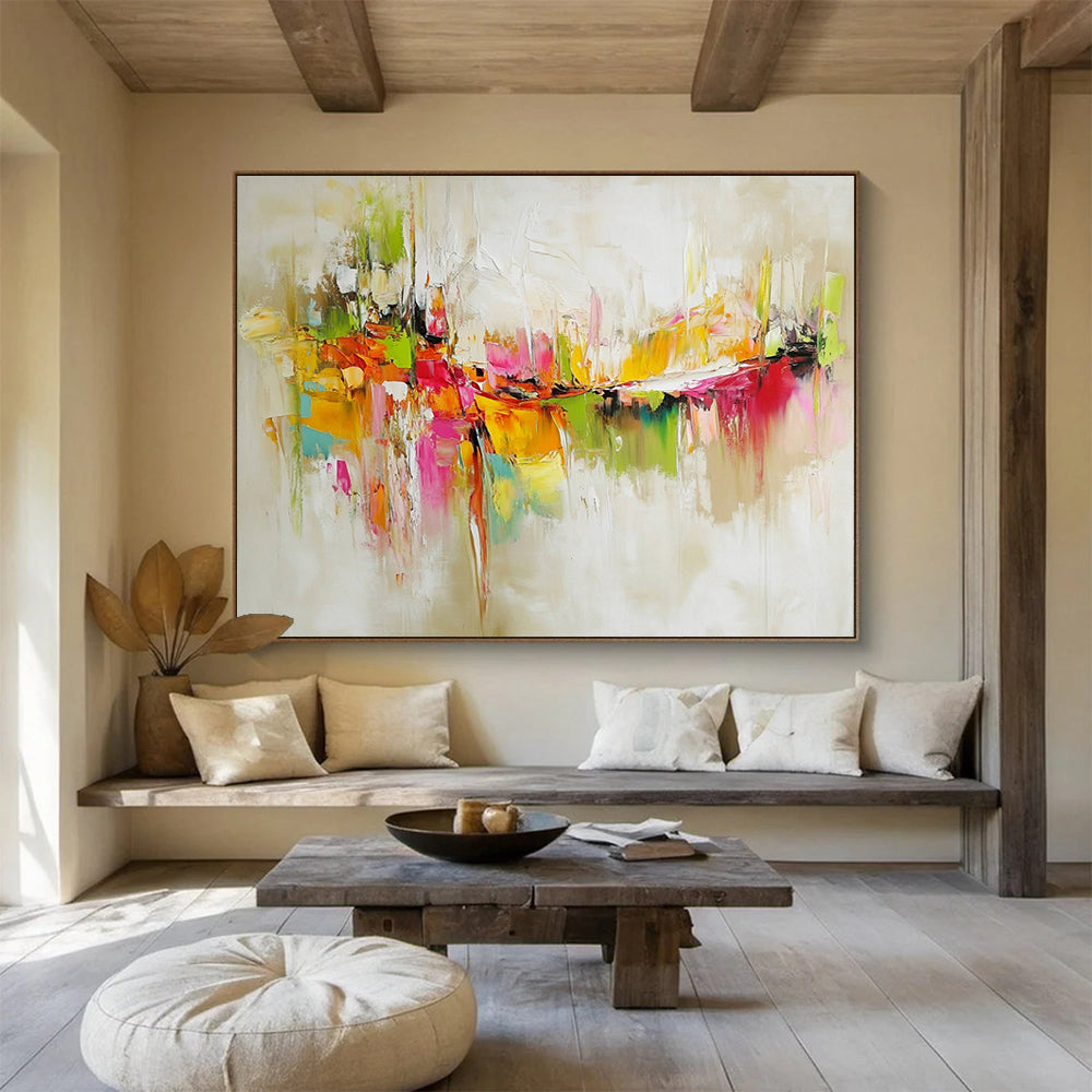 “Vibrant Abstract Cityscape” - Colorful, with hues of green, orange, pink, yellow; Abstract cityscape with thick brushstrokes; Oil Painting On Canvas HB1256