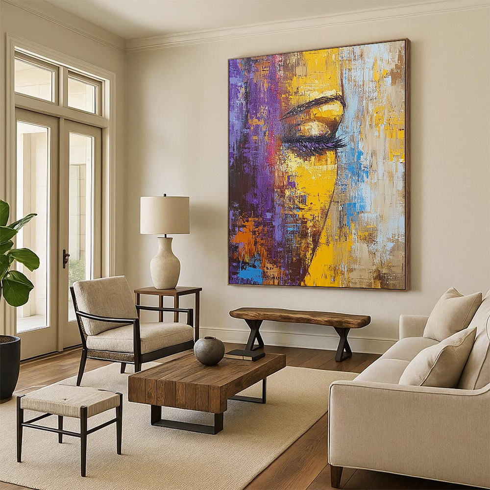 Contemporary hand-painted abstract artwork featuring textured palette knife techniques and vibrant hues of brown yellow purple and blue in an old cityscape. DLZ0581
