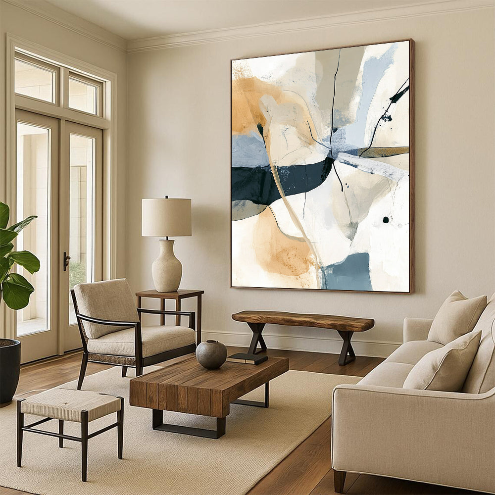 Contemporary hand-painted abstract artwork featuring soft lines and shapes in beige and gray with striking black splashes for a modern aesthetic. DLZ0285