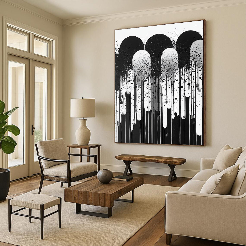 Black, White and Gray Dripping Shapes "Moody Meltdown" Painting On Canvas HB285
