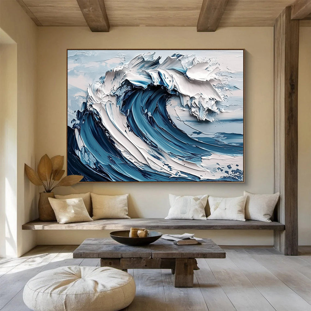“3D Ocean Wave” - Blue, White, Textured Wave, Hyper - Realistic Palette Knife Painting On Canvas HB1102