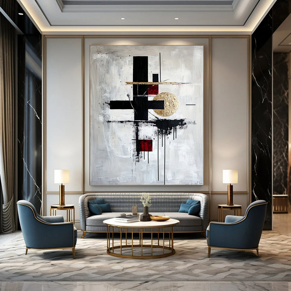 Black, White, Gold, Red with Bold Forms "Artistic Fusion" Abstract Painting On Canvas HB005
