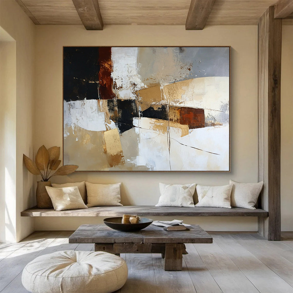 “Earthy Tone Abstract” - Black, Brown, Beige, Gold with Geometric Shapes - Painting On Canvas HB1391