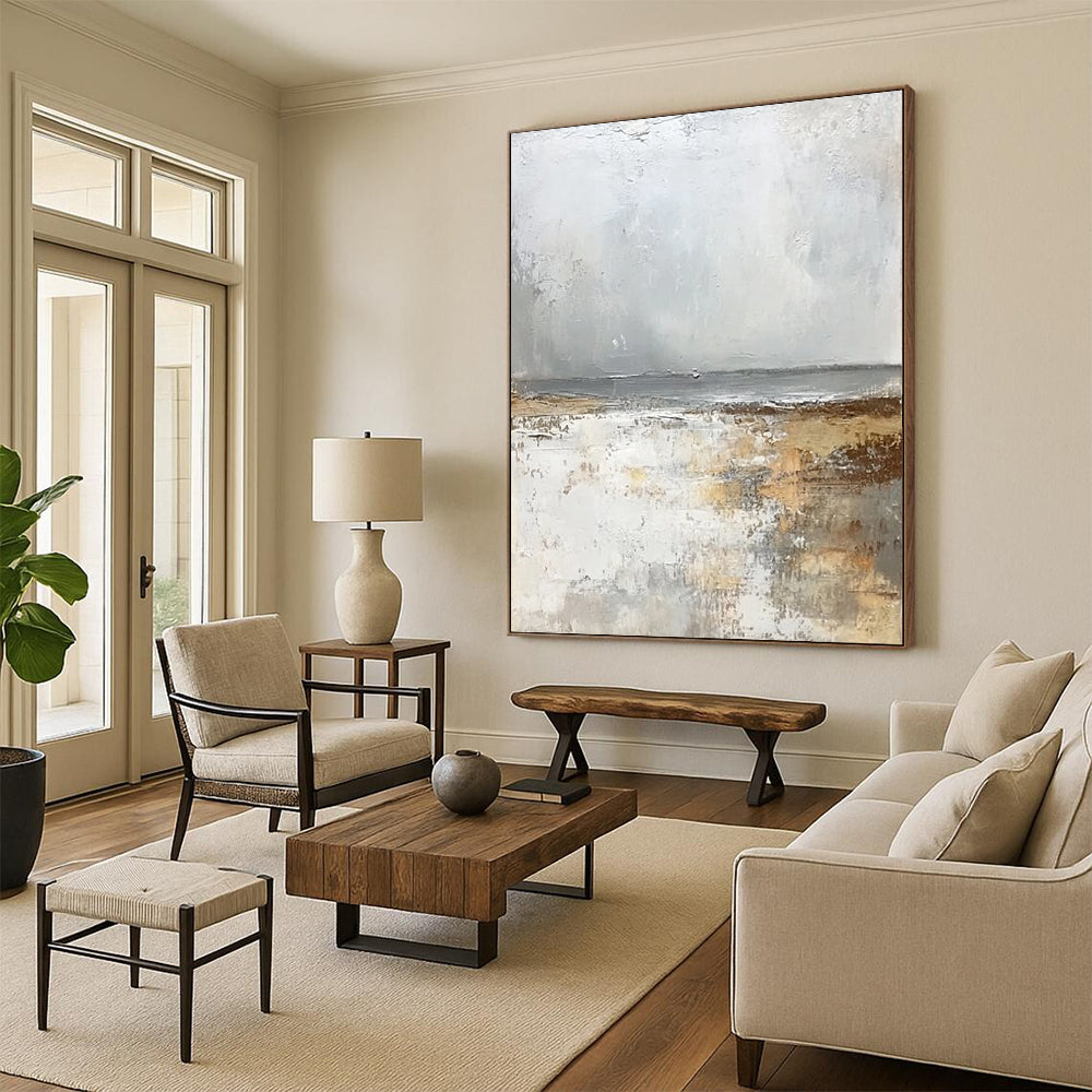 Contemporary abstract artwork featuring a serene misty beach in soft whites and greys exuding tranquility and harmony for elegant decor. DLZ0475