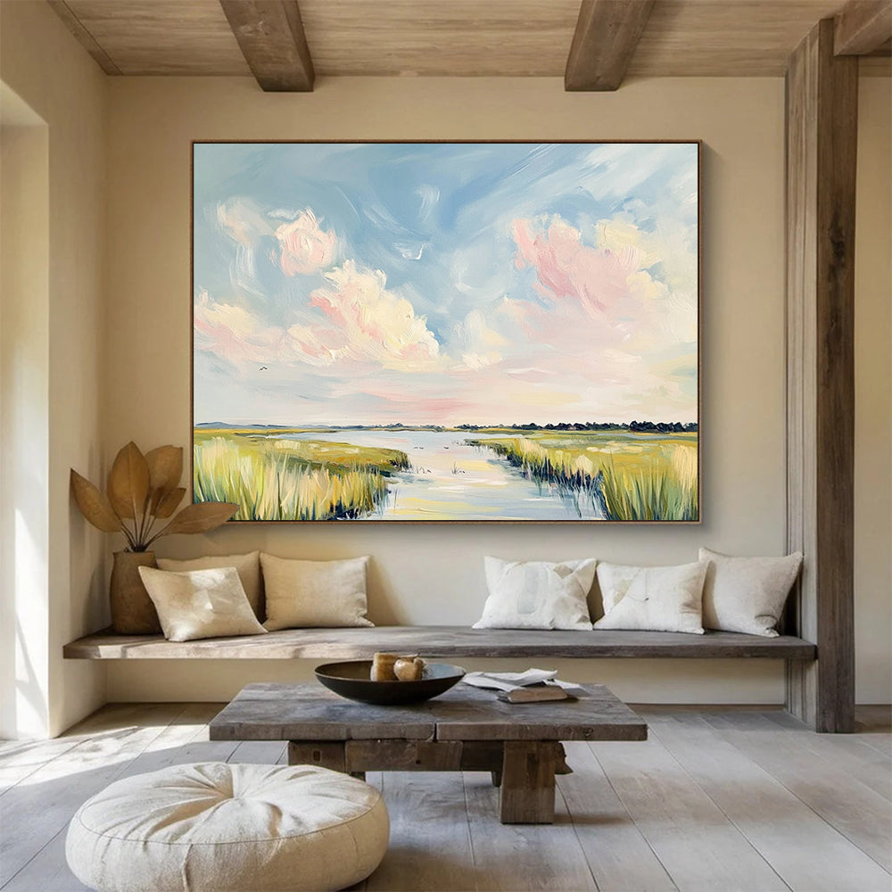 Pastel Sky Over Marshland - Soft Impressionistic Landscape Painting On Canvas HB0440