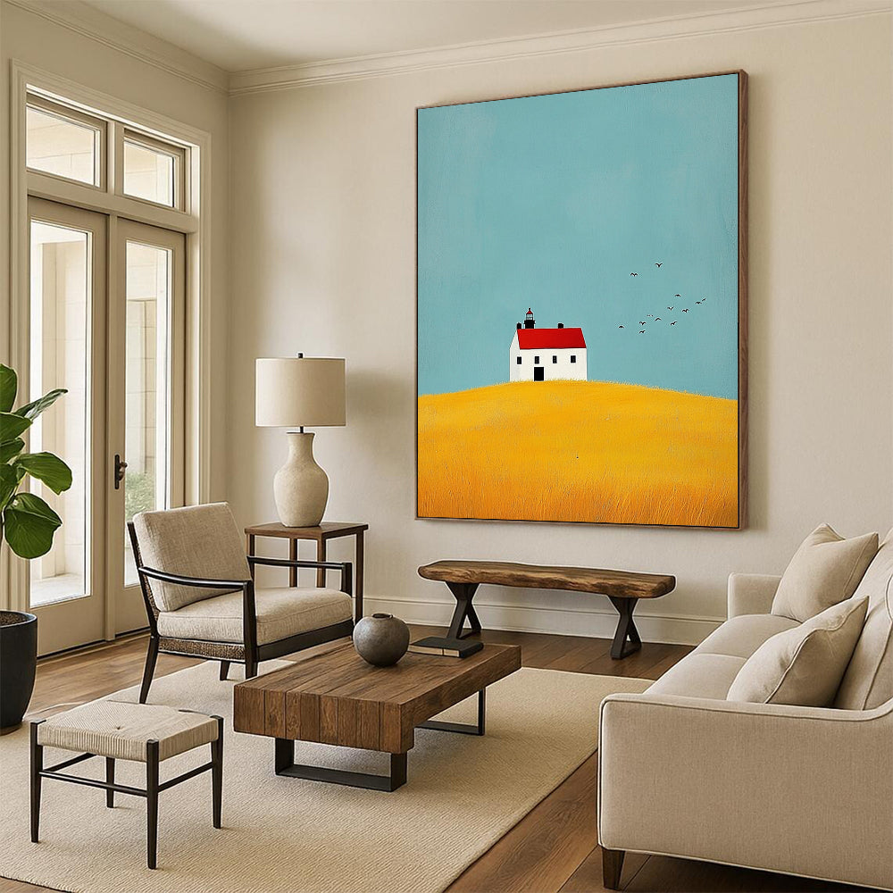 Contemporary abstract art showcasing a lighthouse, yellow fields, birds, and a white house with a red roof, conveying calmness and serenity. DLZ1298