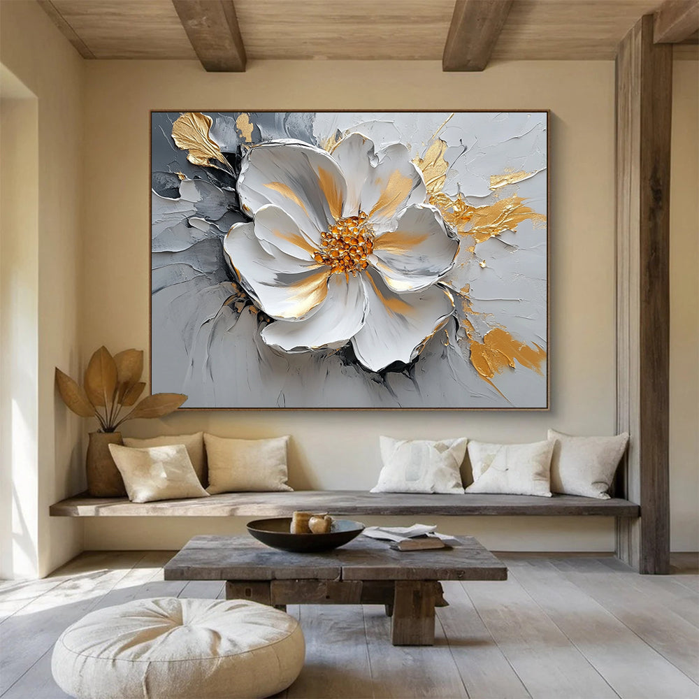 “Textured Floral Elegance” - Gray, White, Gold, 3D - like Abstract Flower Painting On Canvas HB1083