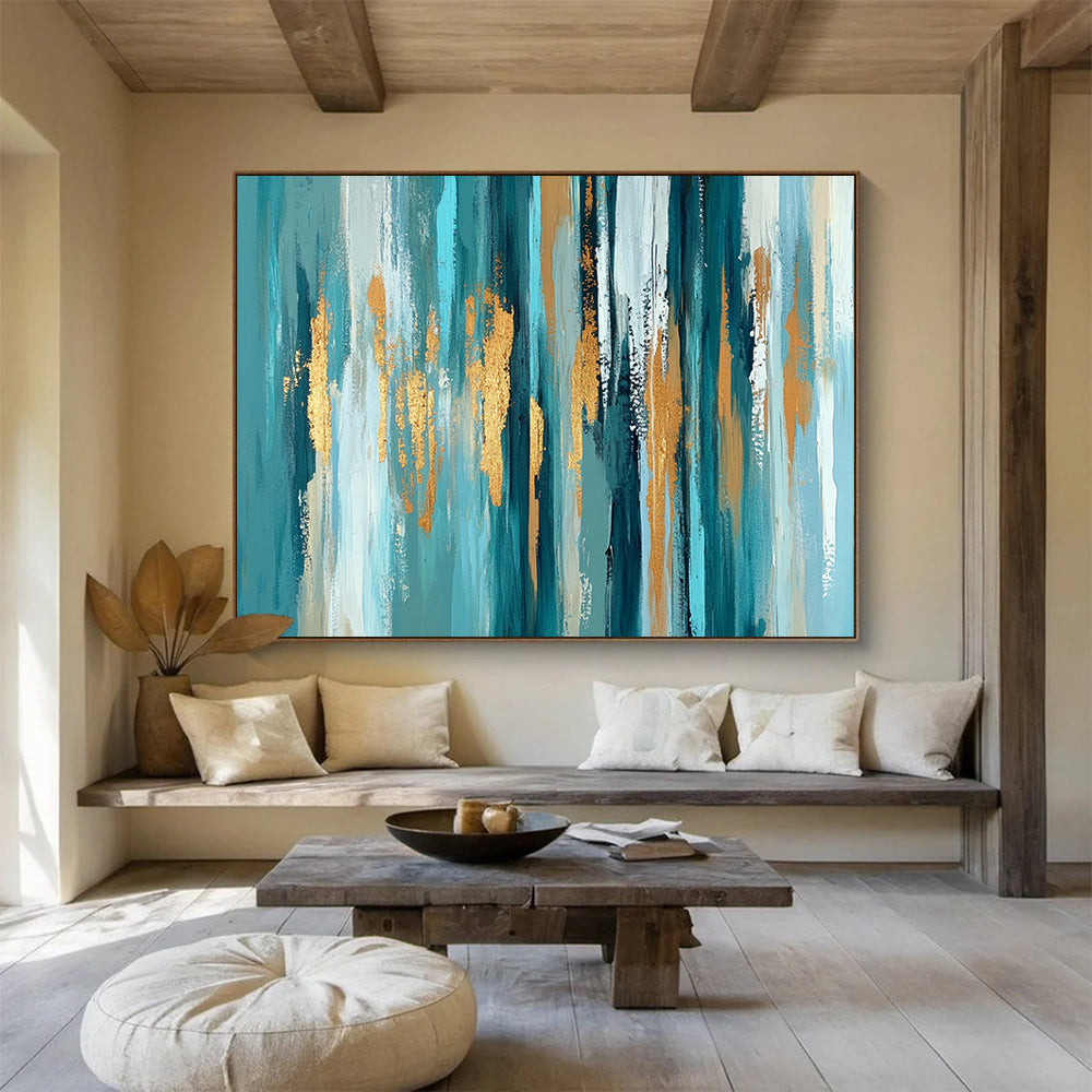 “Teal Gold Vertical Streaks” - Teal, gold, white, beige; Vertical abstract streaks with gold accents HB1289