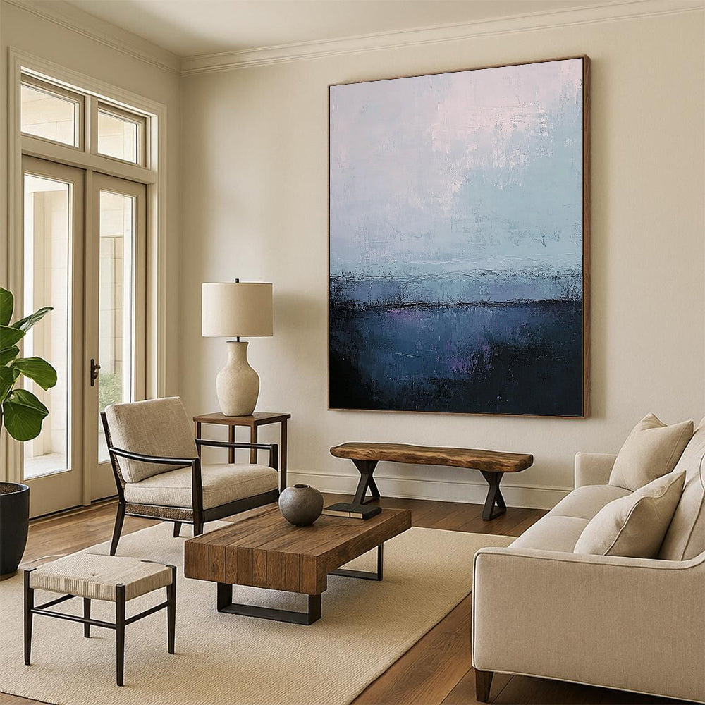 Contemporary abstract art featuring muted gray and blue tones with soft edges and textured contrasts in a large canvas format. DLZ0402