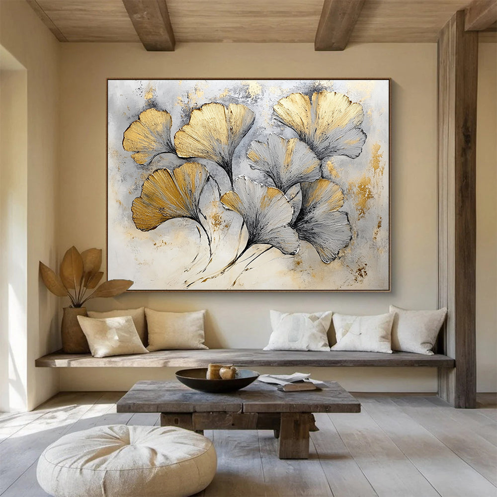 “Gilded Ginkgo Leaves” - Gold, Silver, Gray - Textured Botanical Gilded - Acrylic Painting HB1327