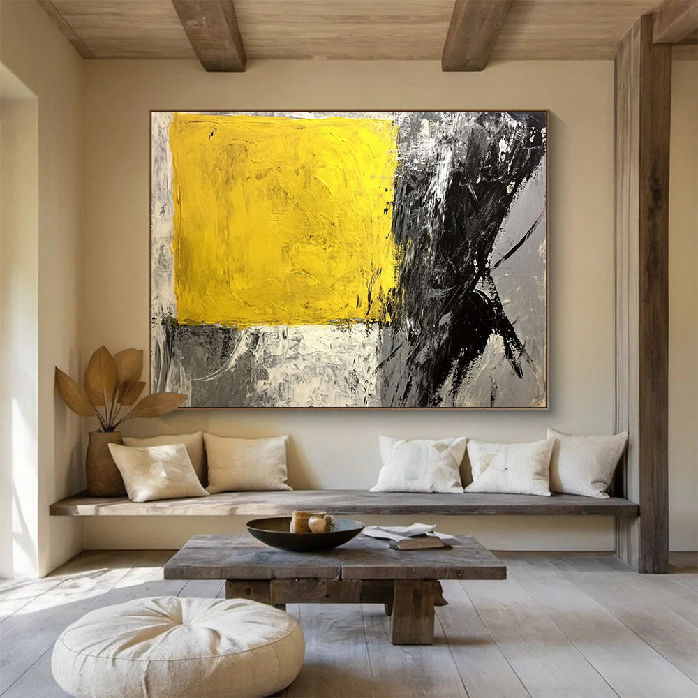 “Yellow - Black Abstract Blocks” - Yellow, Black, Gray - Painting On Canvas HB1409