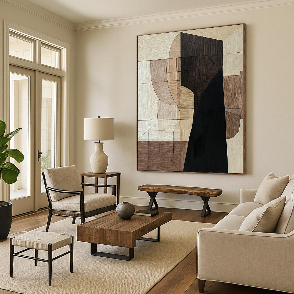 Contemporary hand-painted abstract art featuring a dominant elongated black wooden shape with earthy shades and a mysterious shadowy presence. DLZ0855