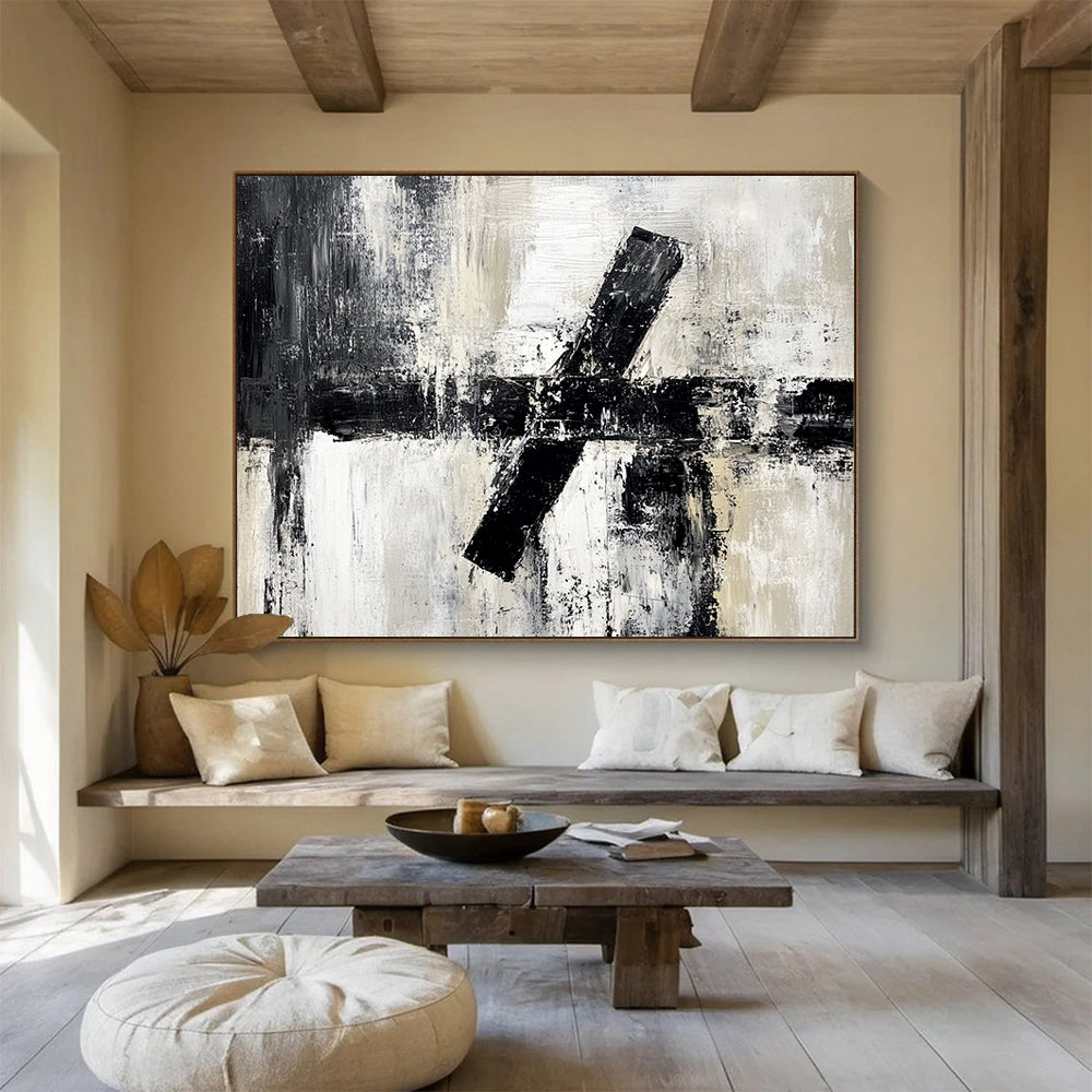 “Textured Black - White Cross Abstraction” - Black, White, Gray, Textured Crosses Painting On Canvas HB0803