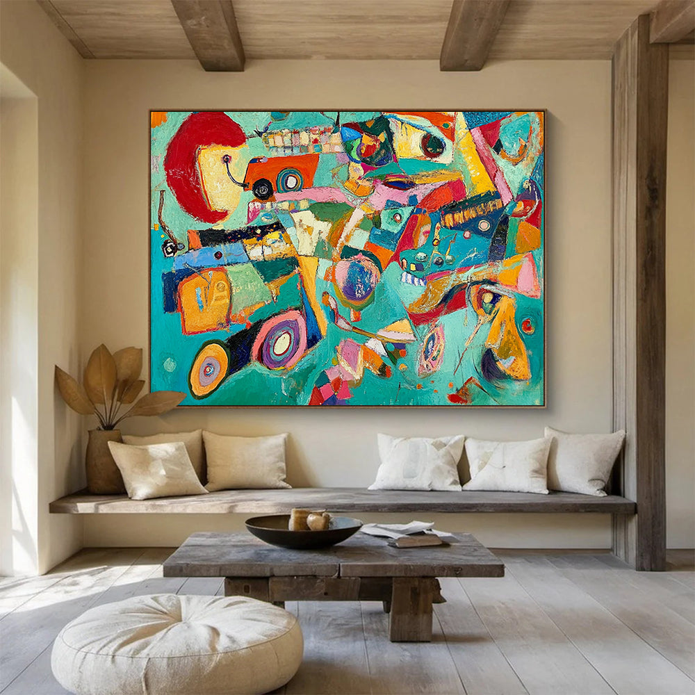 “Colorful Abstract Chaos” - Teal, red, yellow, pink, Abstract Expressionist Painting HB0643