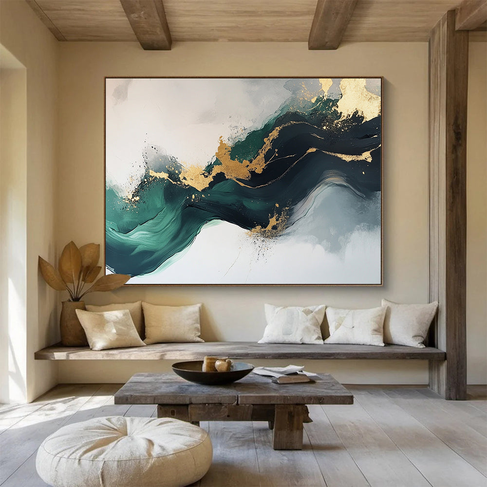 “Elegant Gold and Green Abstract Flow” - Green, gold, gray, white; Abstract fluid shapes with gold accents; Acrylic Painting On Canvas HB1240