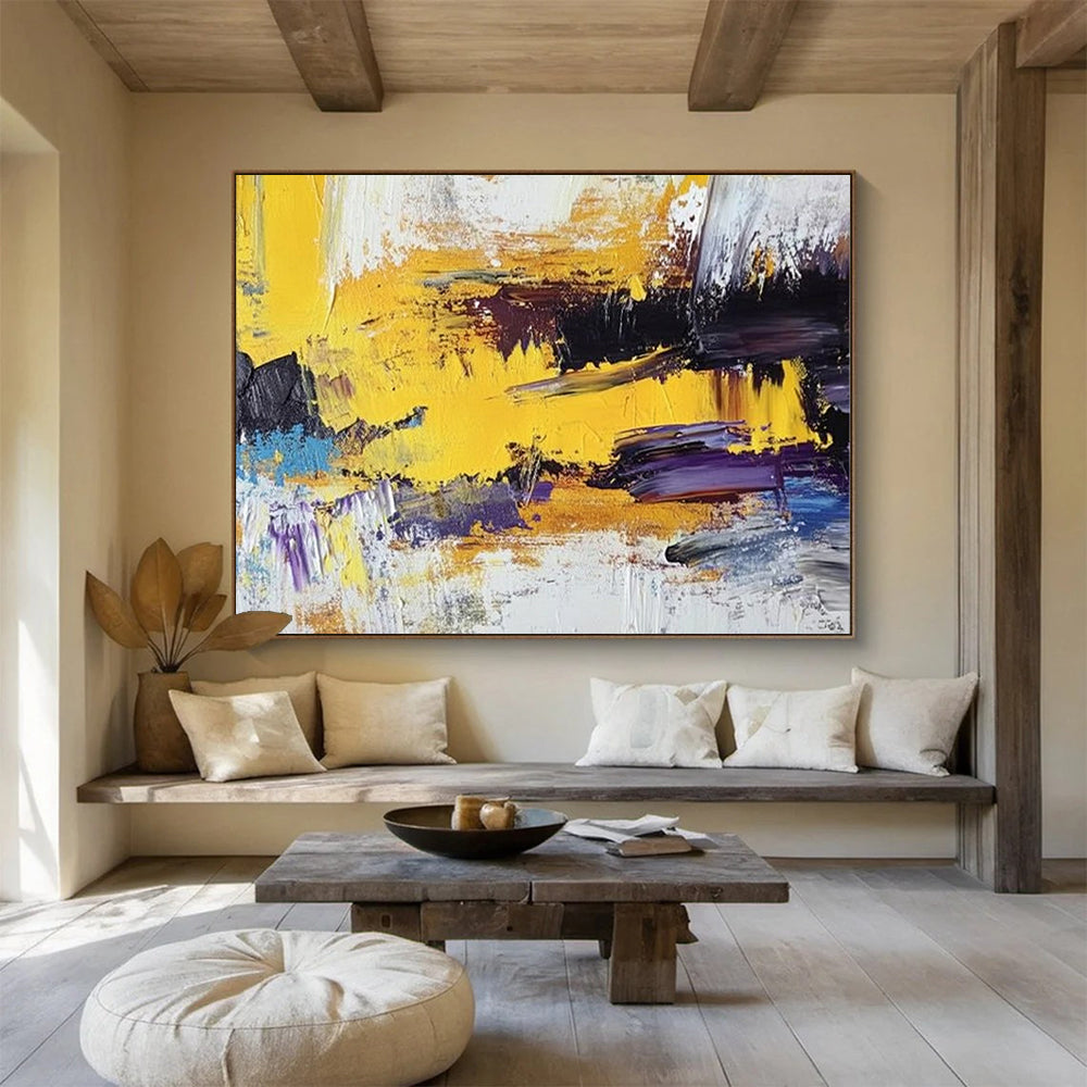 Yellow, Purple, Blue and White Abstract Splashes "Vibrant Energy" Painting On Canvas HB0406