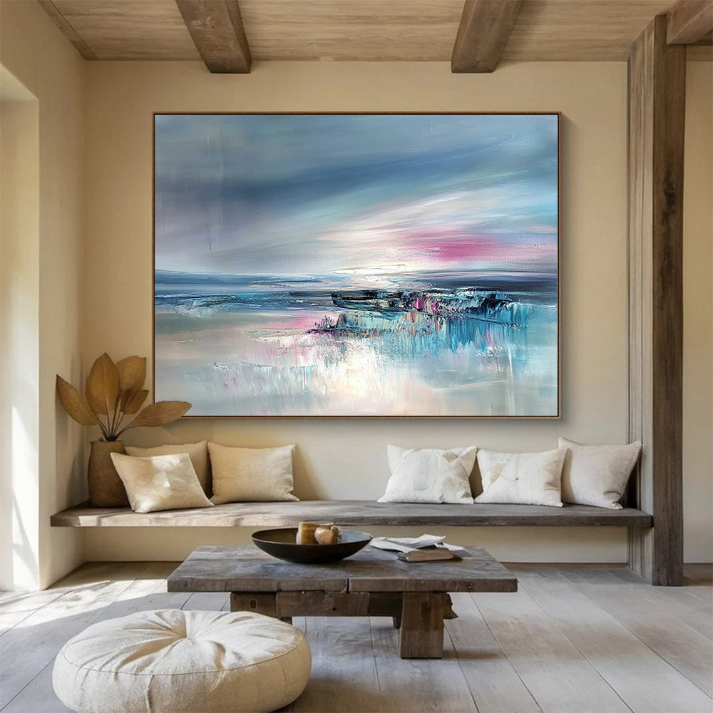 “Abstract Seaside Blush” - Blue, Pink, Gray, Dreamy Coastal Horizon Painting On Canvas HB1031