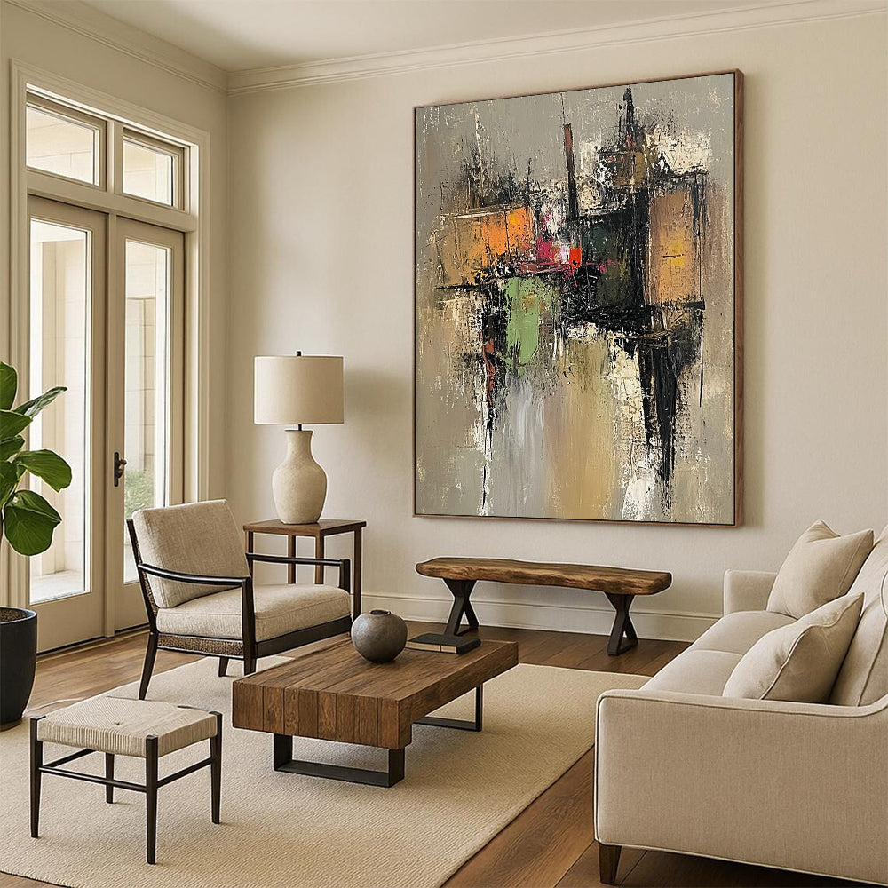 Large contemporary hand-painted abstract artwork featuring an old village with muted colors and visible brushstrokes on a grayish-brown background. DLZ0960