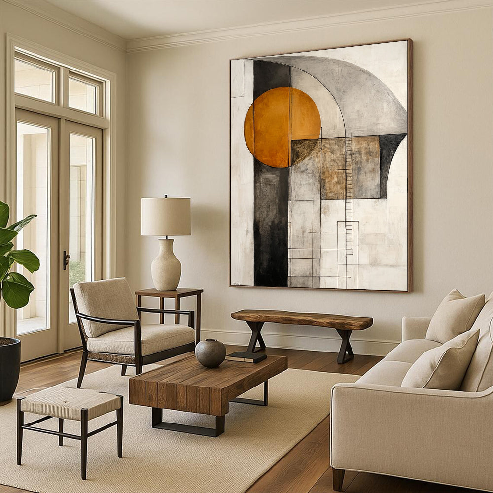 Contemporary abstract artwork featuring an orange circle and gray shapes with a large dark brown arch and a delicate ladder line drawing on a white background. DLZ1016