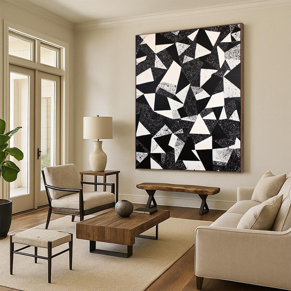 Black, White and Speckled Geometric Triangles "Starry Triangles" Painting On Canvas HB391