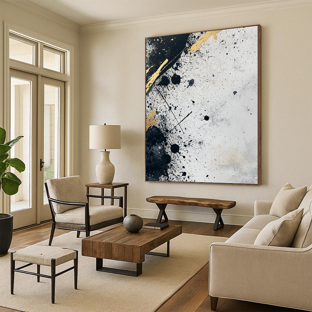 Gray, Black, Gold, Splattered Patterns "Industrial Luxe" Abstract Painting On Canvas HB037