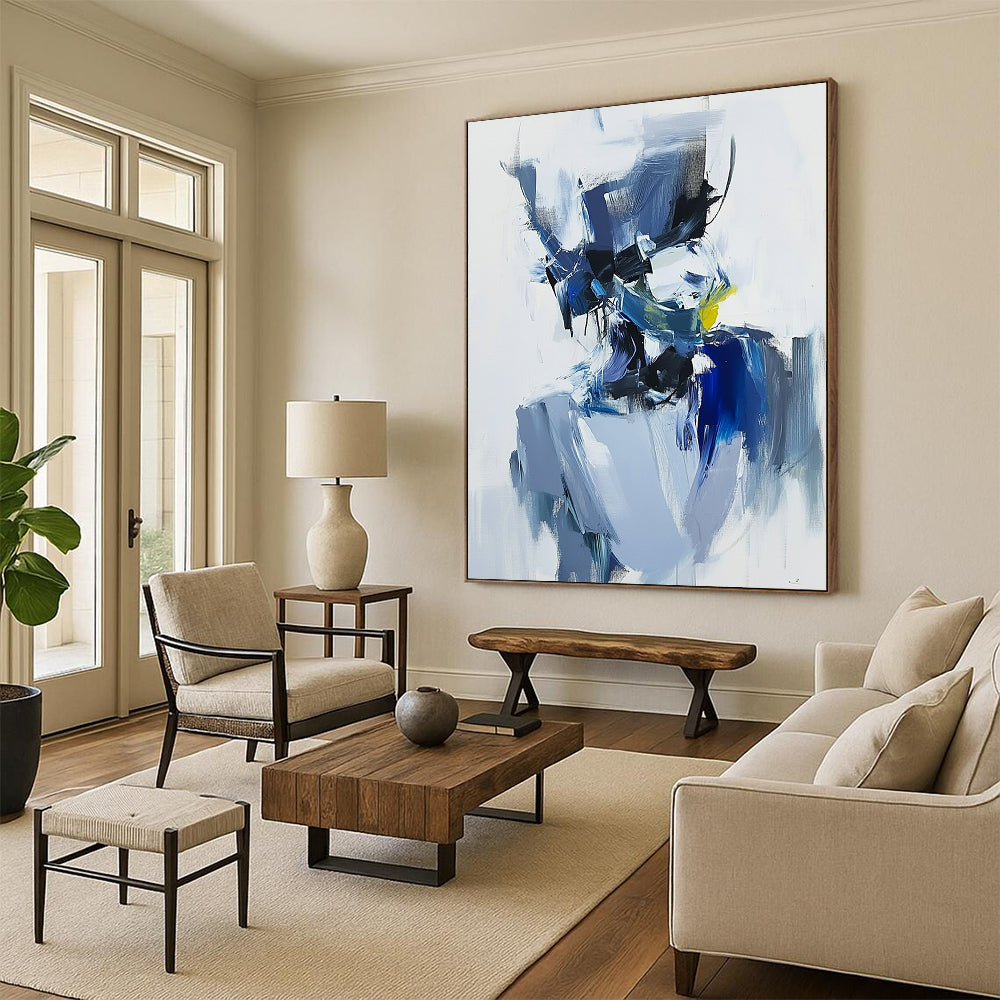 Contemporary abstract artwork featuring expressive blue and white character with brushstrokes, minimalism, and dark gray shapes for an elegant atmosphere. DLZ0951