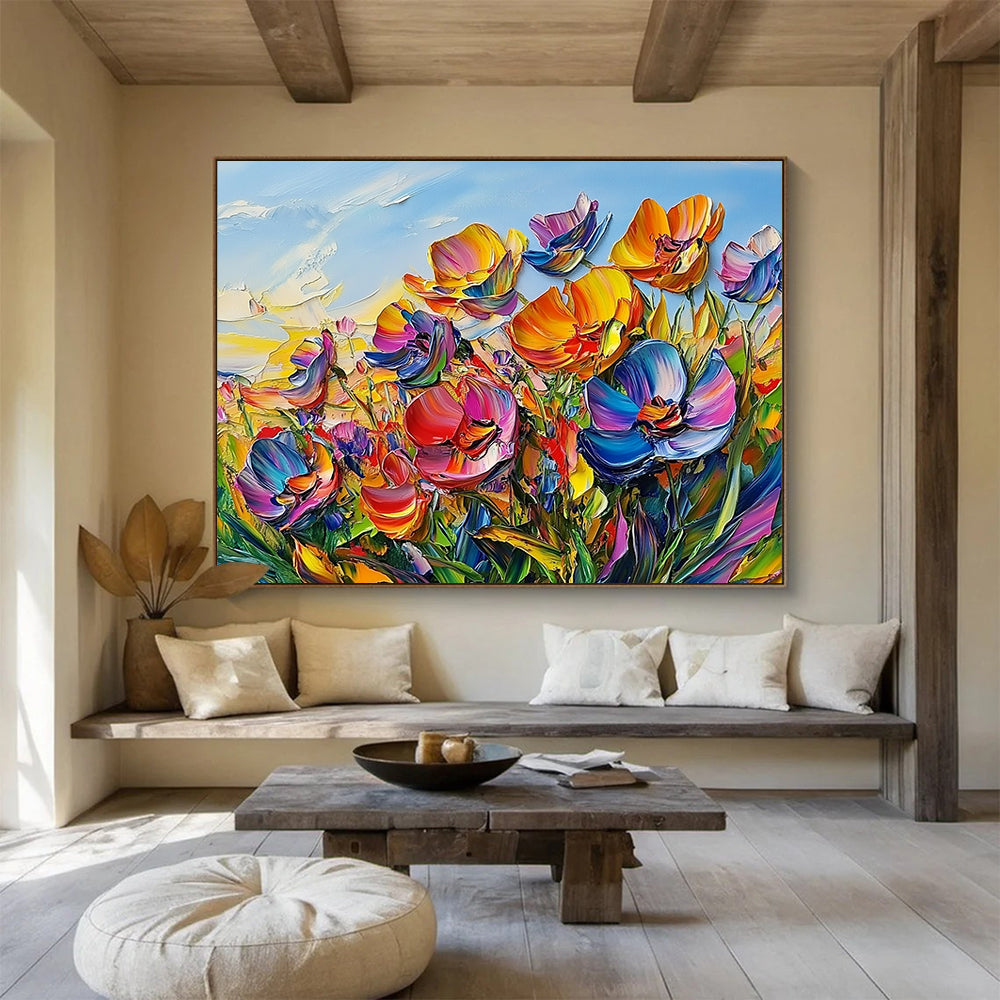 “Vibrant Colorful Flower Field” - Pink, Purple, Orange, Yellow, Textured Flower Field - Impasto Acrylic Painting HB1640