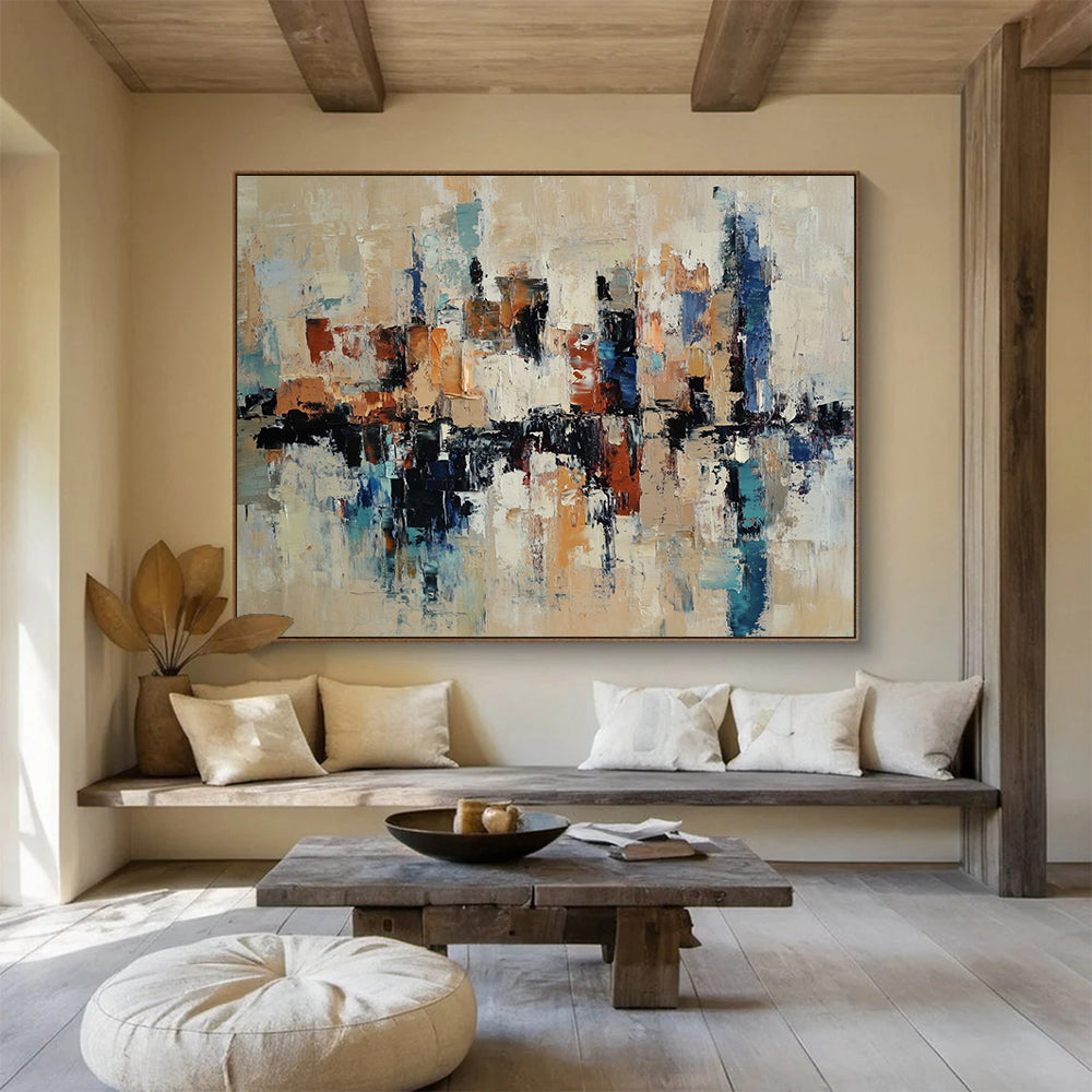 “Cityscape Abstract” - Beige, Blue, Brown, White with Reflective Shapes - Painting On Canvas HB1393