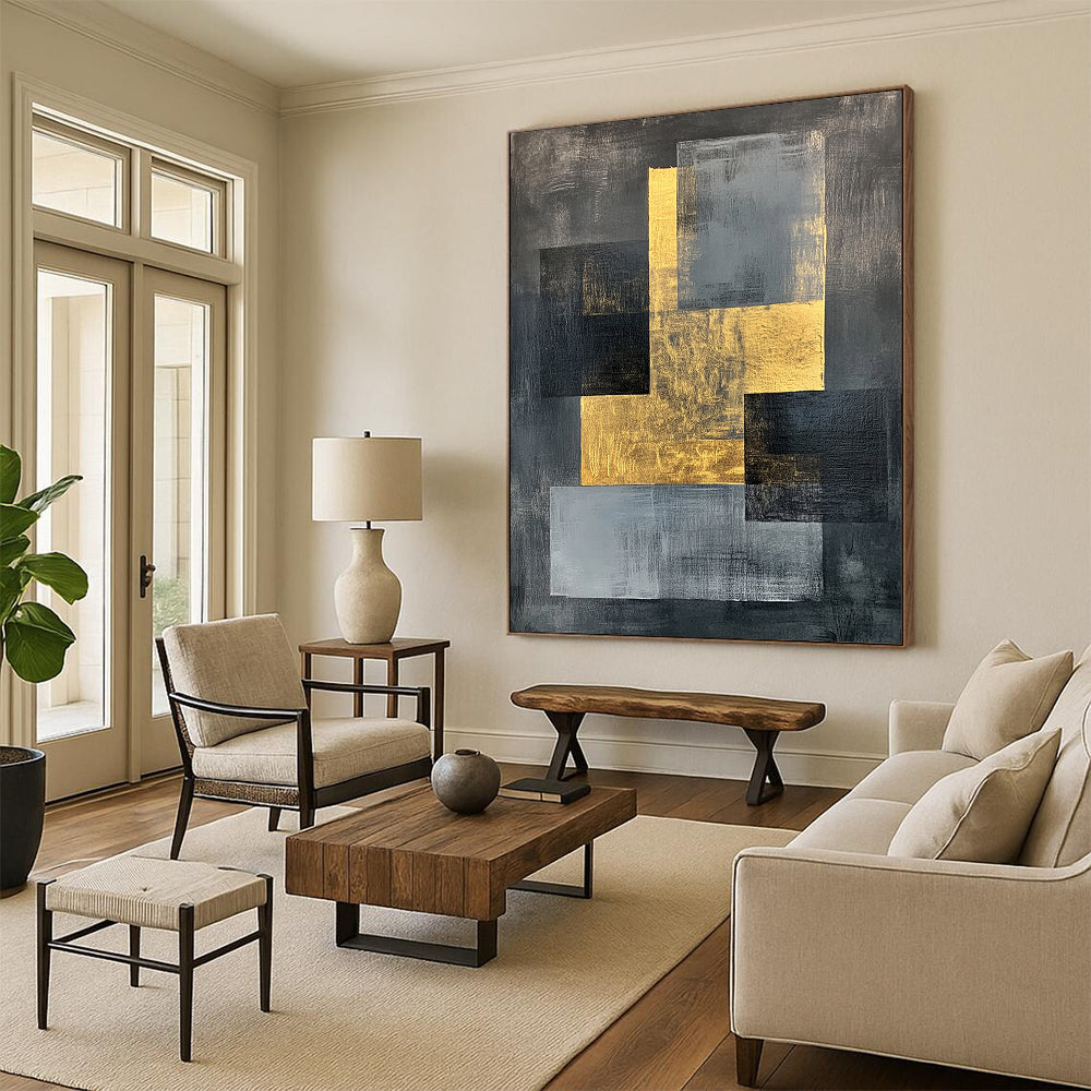 Gray, Black, Gold and White Geometric Fusion "Balanced Fusion" Painting On Canvas HB348