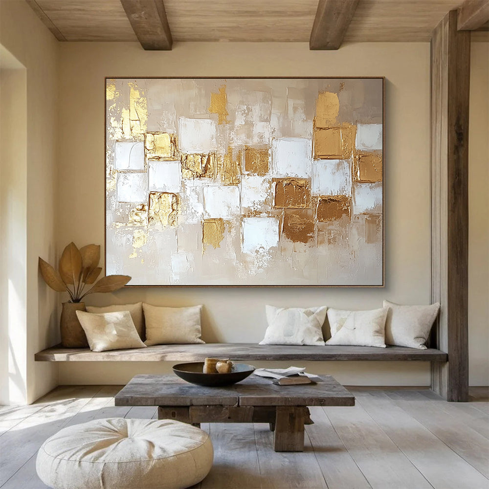 “Gold and Beige Geometric Abstract” - Gold, Beige, Geometric Textured Shapes Painting On Canvas HB0885