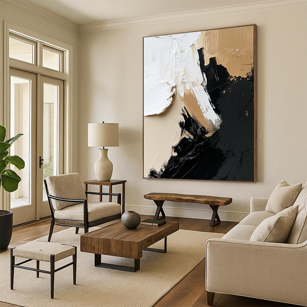 Large contemporary hand-painted abstract artwork featuring dynamic black, white, and beige textures for a striking wall display. DLZ0322