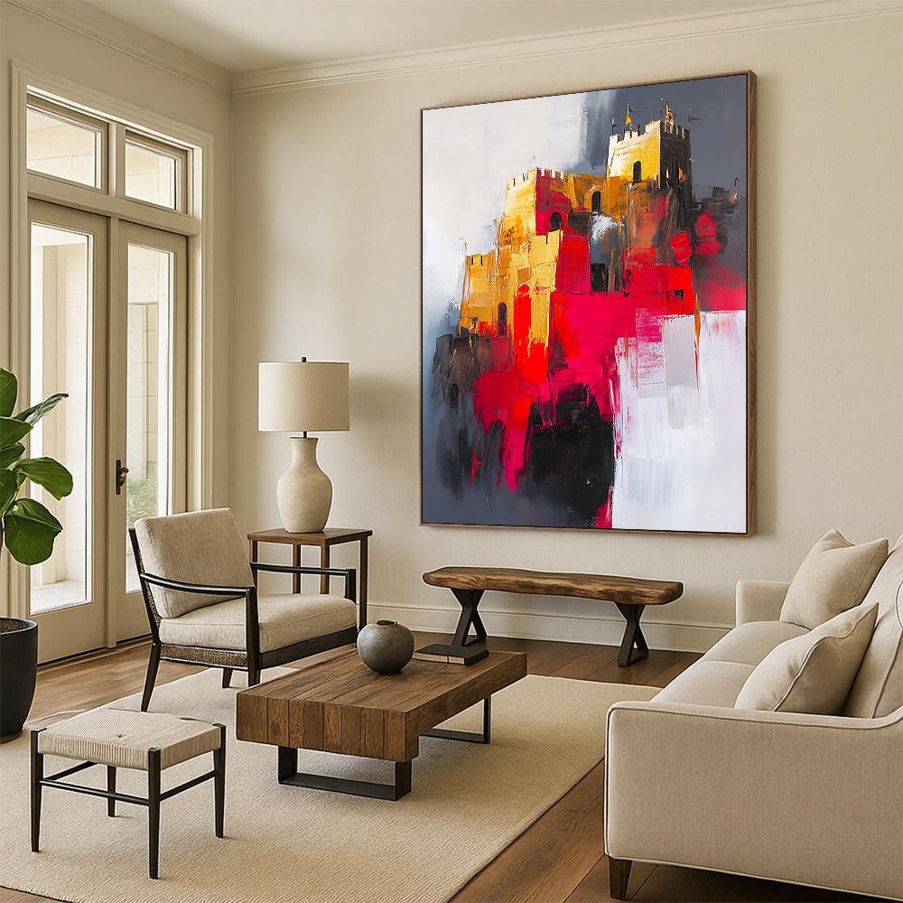 Gold, Red, Gray, White, Abstract Castle "Gilded Fortress" Abstract Impressionist Painting On Canvas HB144