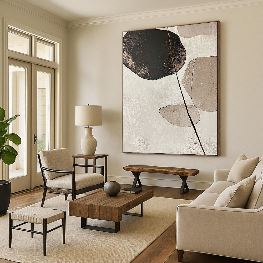 Large contemporary abstract art featuring minimalist Japandi design with stone and leaf forms in beige and neutral tones against a white background. DLZ1616