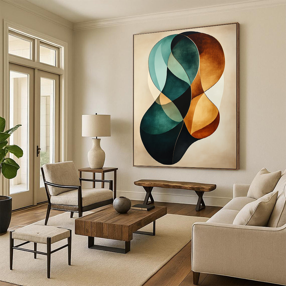 Abstract artwork features graceful teal and brown curves on a beige background with a gold border and a soft canvas texture. DLZ0737
