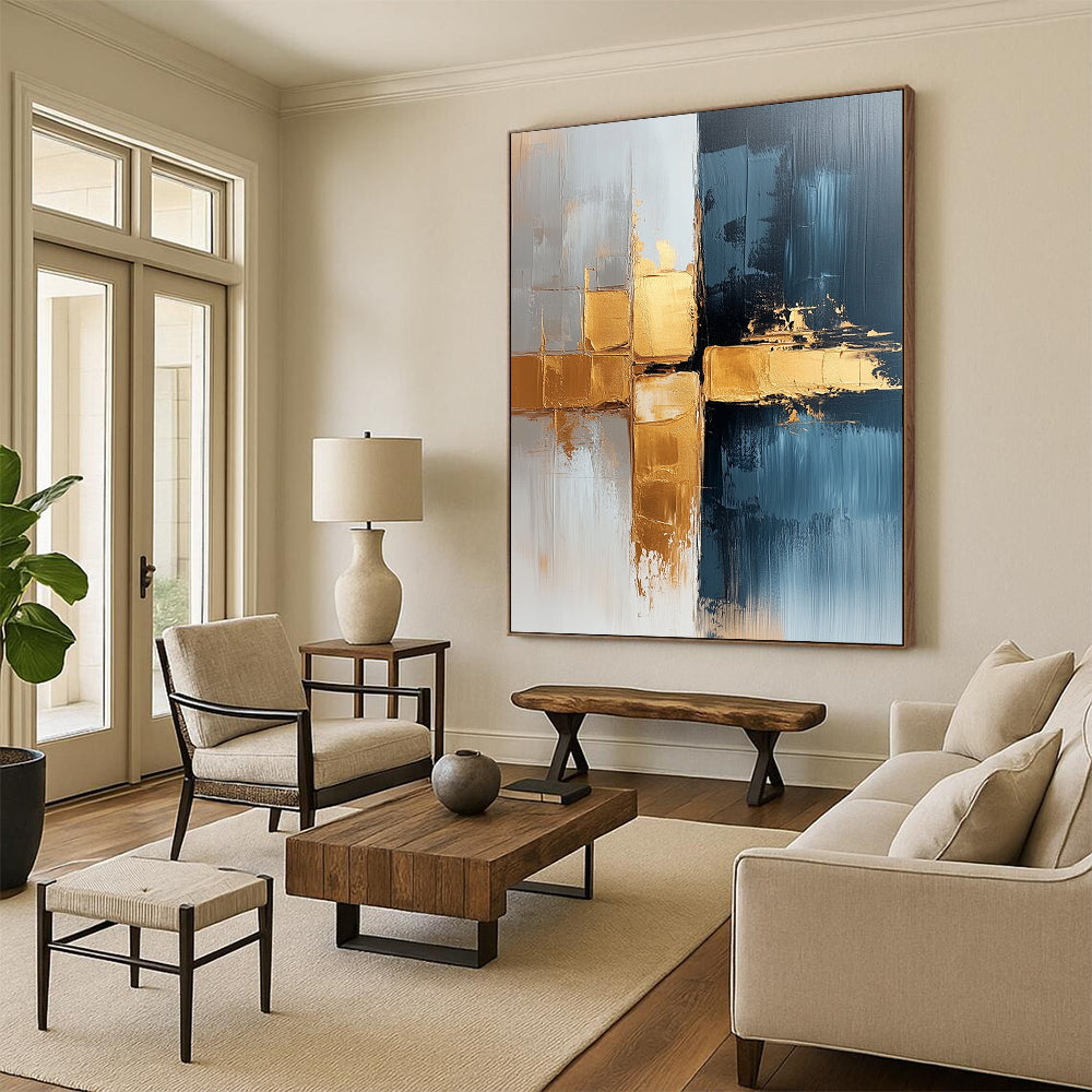 Contemporary hand-painted abstract art featuring a luxurious blend of white and gold tones with gray-blue gradients and striking brushstrokes for a unique visual experience. DLZ0778