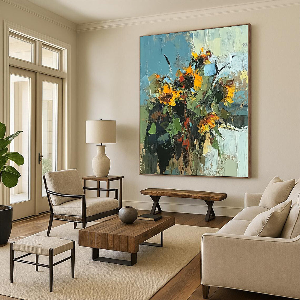 Contemporary palette knife sunflowers painting features vibrant colors on a white background, inspired by Peter Wileman's unique style and artistry. DLZ1127