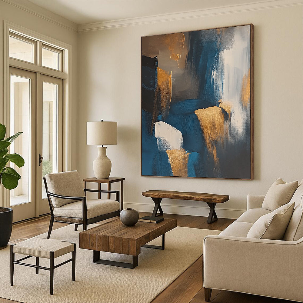 Contemporary abstract art depicting the Irish coast featuring dark blue and gold tones with expressive brush strokes and muted colors. DLZ1002