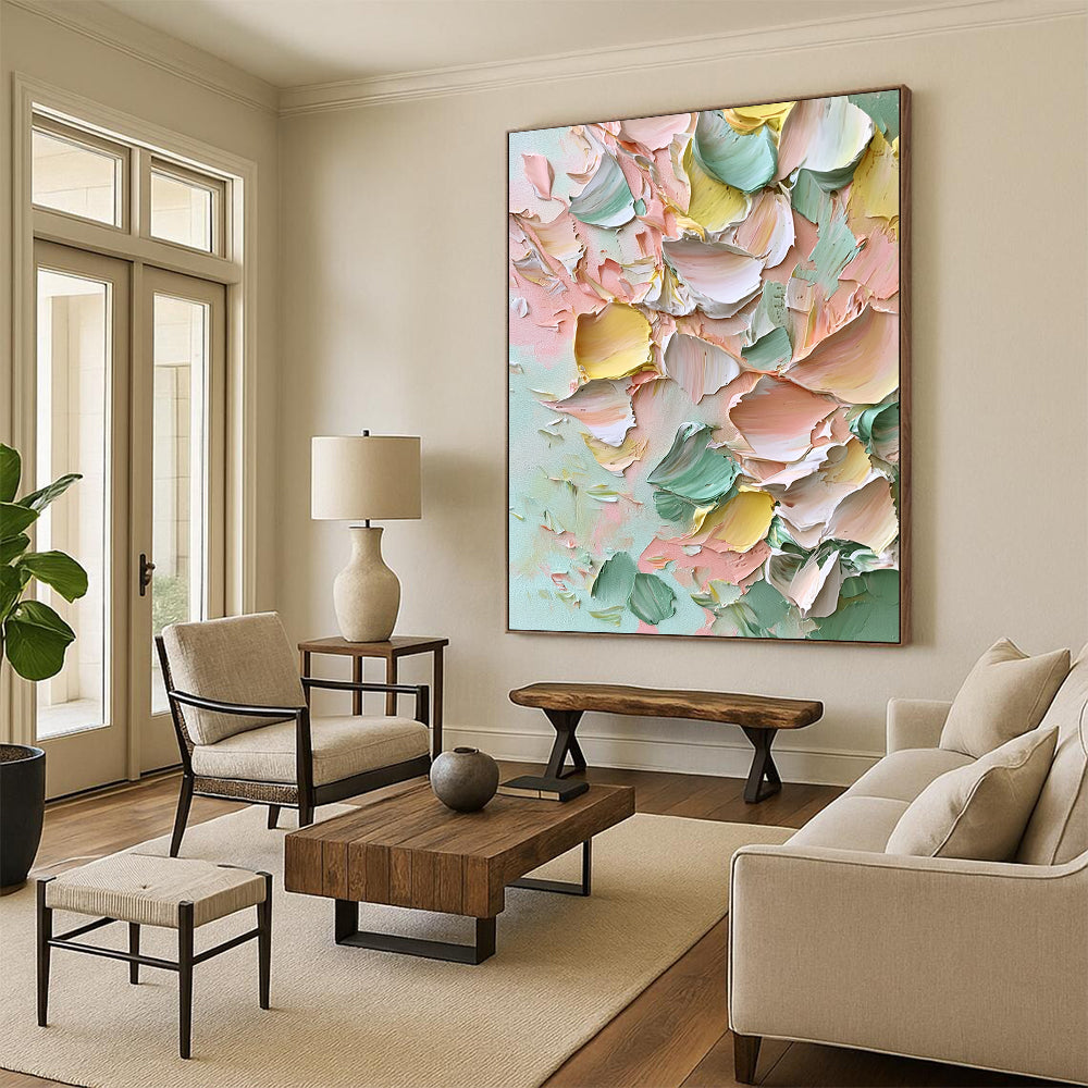 Contemporary large hand-painted abstract artwork featuring thick impasto strokes of soft pinks greens yellows and whites creating dreamy floral textures. DLZ1225
