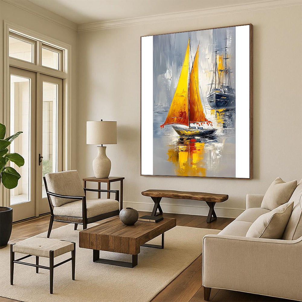 Contemporary hand-painted abstract art featuring a small boat with a yellow sail and orange tassels against a calm sea and gray sky. DLZ1700
