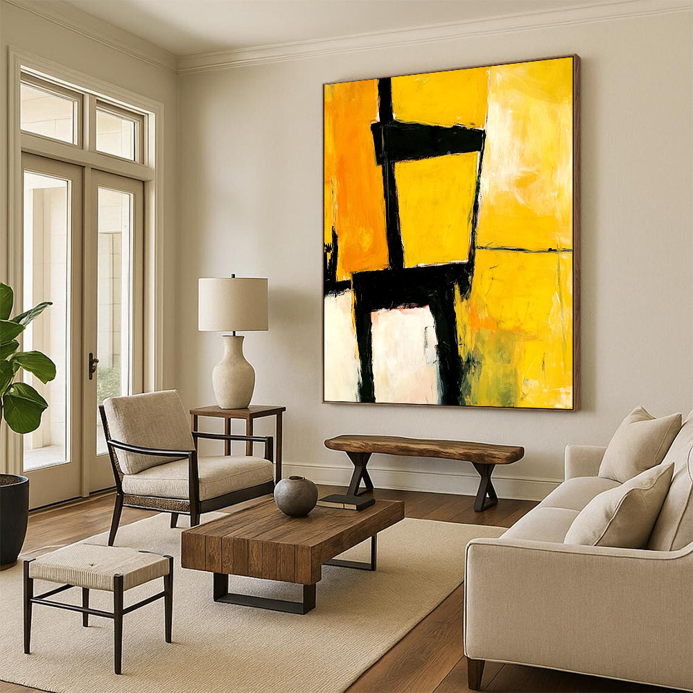 Contemporary abstract artwork showcasing an electrician's chair in vibrant yellow and black shades by Mariling & Jay Mead for a striking visual impact. DLZ0949
