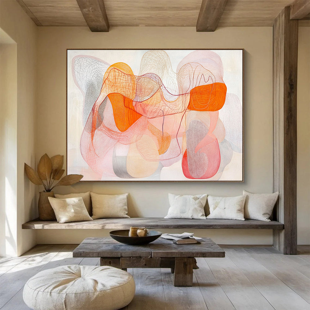 “Colorful Mesh Abstract” - Orange, Pink, Gray with Interwoven Lines - Painting On Canvas HB1367