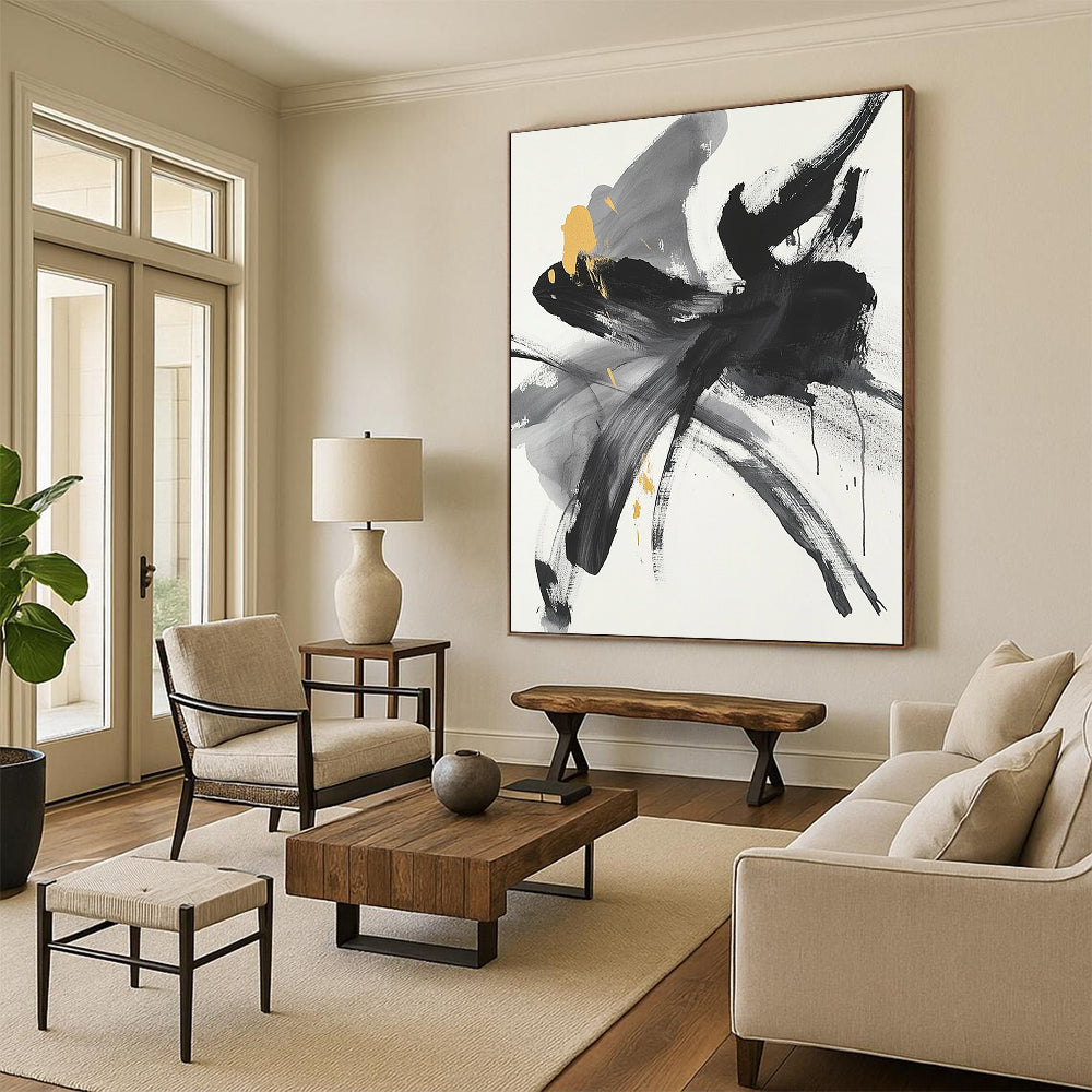 Black, Gray, Yellow and White Abstract Flower "Gilded Bloom" Painting On Canvas HB314
